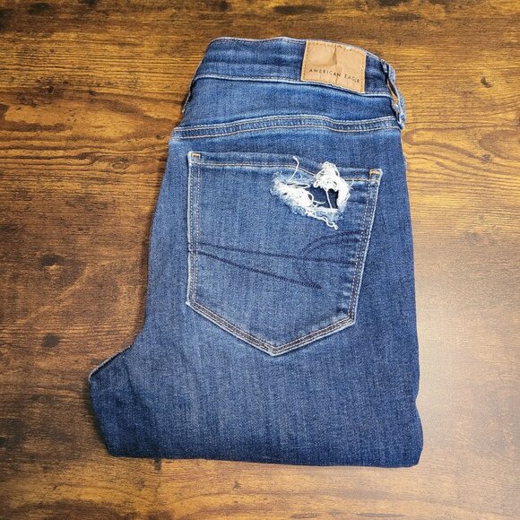 American Eagle Jeans 2 L Next Level Stretch Jegging Low Rise Ripped Medium Dark - Picture 3 of 12